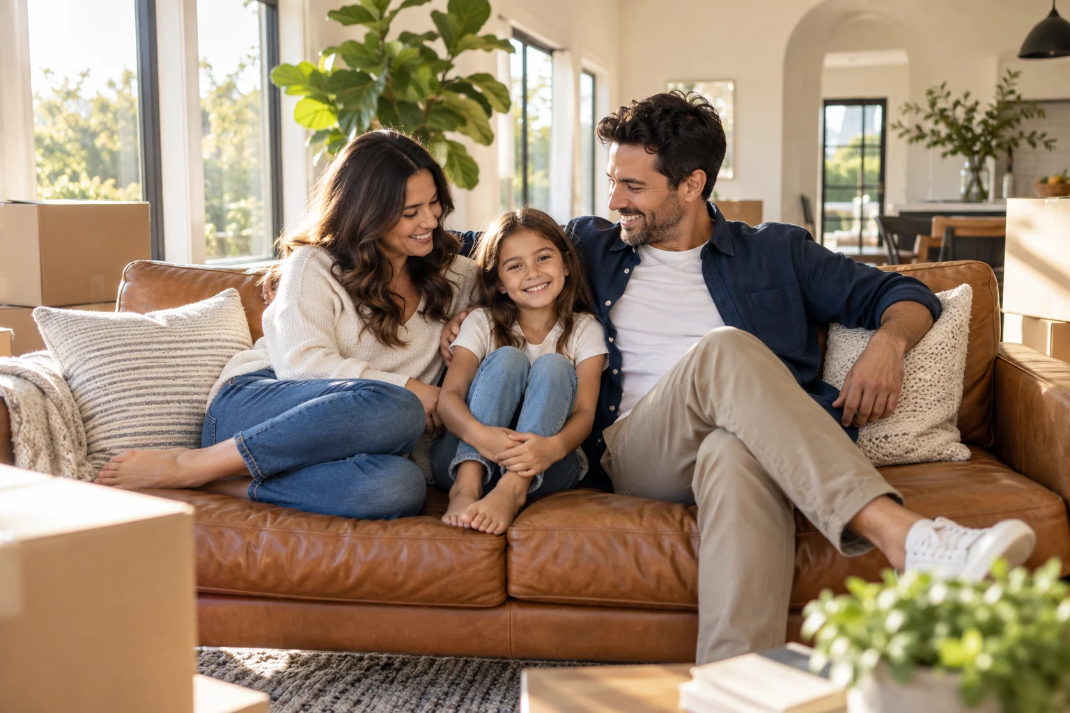 A family relaxing together in their bright new home, with moving boxes nearby