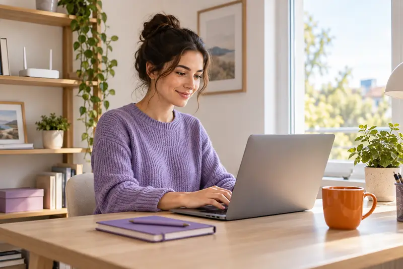 Woman working on a laptop at a bright home desk with a Wi-Fi router nearby