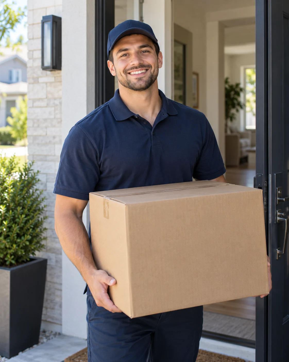 A friendly moving professional carrying a box to a home's front door