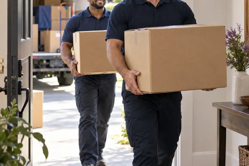 Two moving professionals carrying boxes into a home