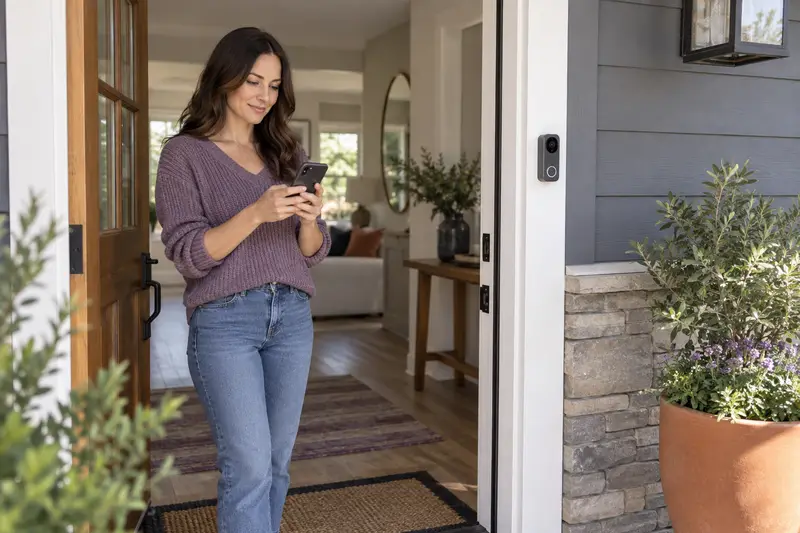 Homeowner checking her phone beside a video doorbell at her front entrance
